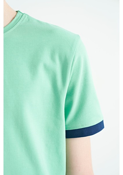 Su Yeşili Baskılı Standart Kalıp O Yaka Erkek Çocuk T-Shirt - 11097