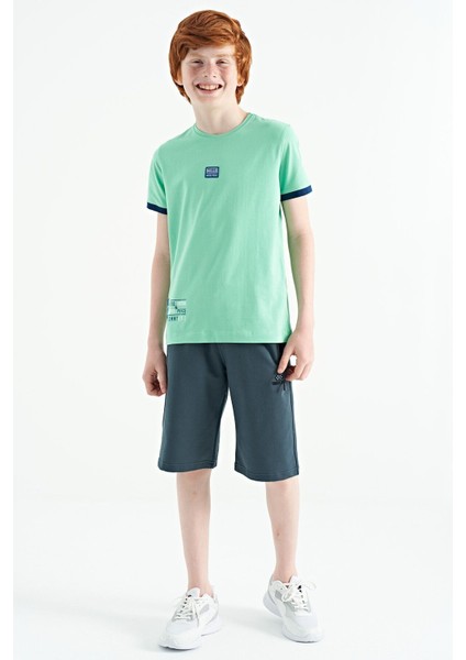 Su Yeşili Baskılı Standart Kalıp O Yaka Erkek Çocuk T-Shirt - 11097