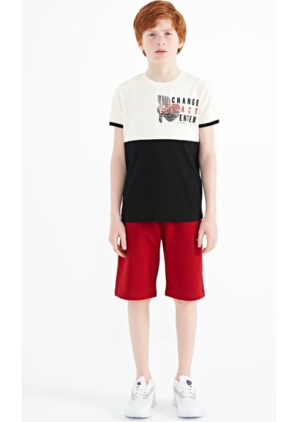 Ekru Baskı Detaylı Renk Bloklu Standart Kalıp O Yaka Erkek Çocuk T-Shirt - 11107 fiyatları