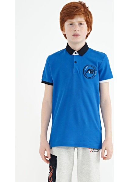 Saks Kol Ucu Renkli Logo Nakışlı Standart Kalıp Polo Yaka Erkek Çocuk T-Shirt - 11138