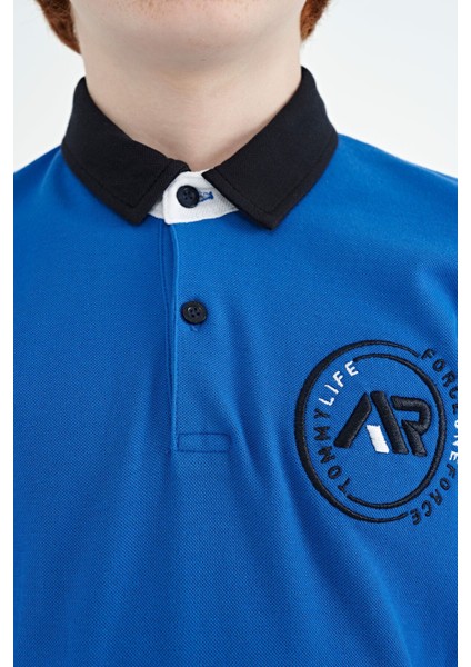 Saks Kol Ucu Renkli Logo Nakışlı Standart Kalıp Polo Yaka Erkek Çocuk T-Shirt - 11138 modelleri