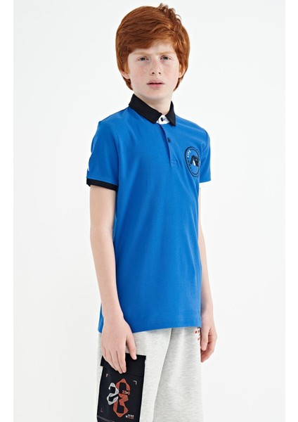 Saks Kol Ucu Renkli Logo Nakışlı Standart Kalıp Polo Yaka Erkek Çocuk T-Shirt - 11138