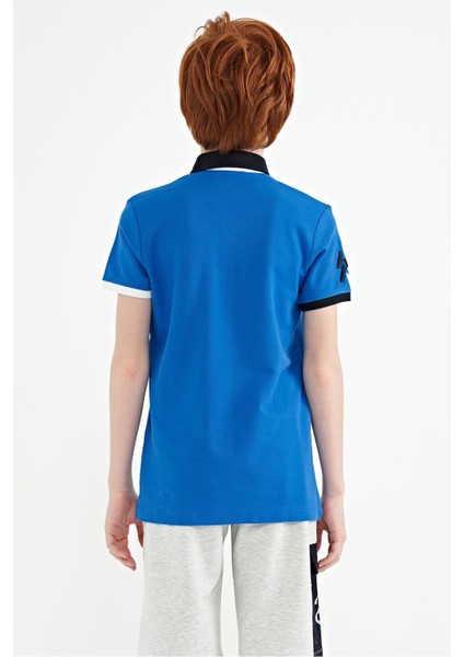 Saks Kol Ucu Renkli Logo Nakışlı Standart Kalıp Polo Yaka Erkek Çocuk T-Shirt - 11138