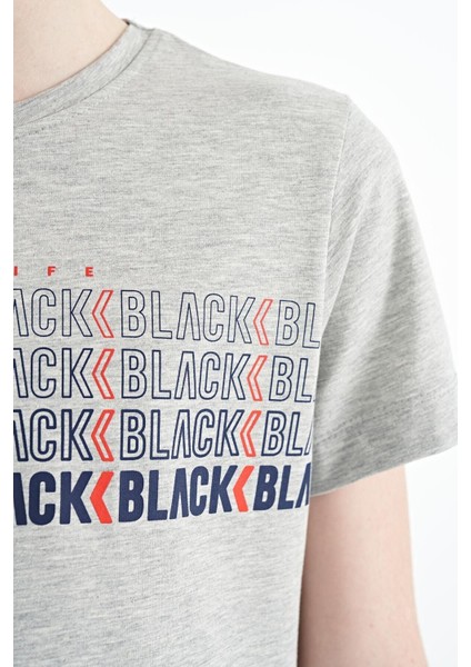 Gri Melanj Yazı Baskılı O Yaka Standart Kalıp Erkek Çocuk T-Shirt - 11149 modelleri