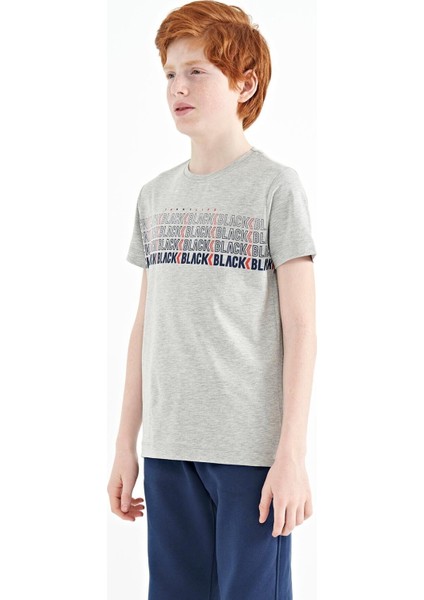 Gri Melanj Yazı Baskılı O Yaka Standart Kalıp Erkek Çocuk T-Shirt - 11149