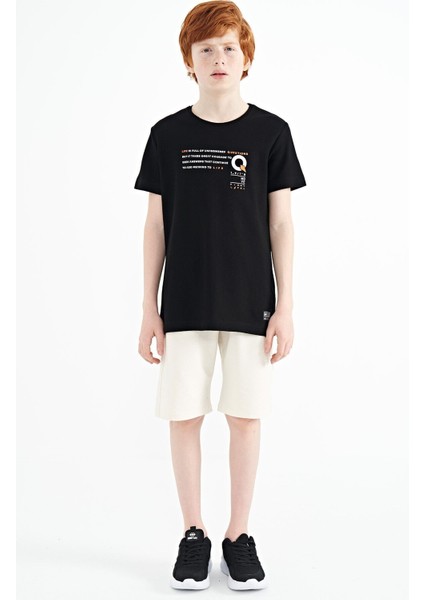 Siyah Baskı Detaylı O Yaka Standart Kalıp Erkek Çocuk T-Shirt - 11145