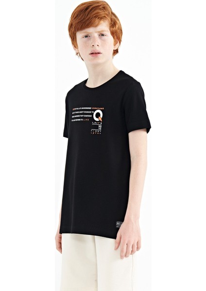 Siyah Baskı Detaylı O Yaka Standart Kalıp Erkek Çocuk T-Shirt - 11145