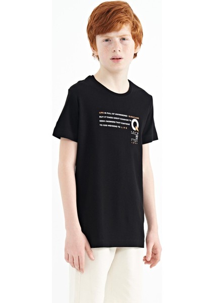 Siyah Baskı Detaylı O Yaka Standart Kalıp Erkek Çocuk T-Shirt - 11145