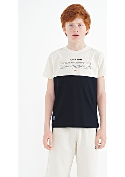 Lacivert Yazı Baskılı Renk Bloklu Standart Kalıp O Yaka Erkek Çocuk T-Shirt - 11134