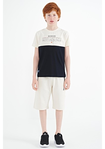 Lacivert Yazı Baskılı Renk Bloklu Standart Kalıp O Yaka Erkek Çocuk T-Shirt - 11134 fiyatları