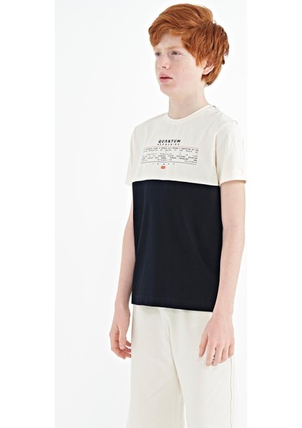 Lacivert Yazı Baskılı Renk Bloklu Standart Kalıp O Yaka Erkek Çocuk T-Shirt - 11134 modelleri