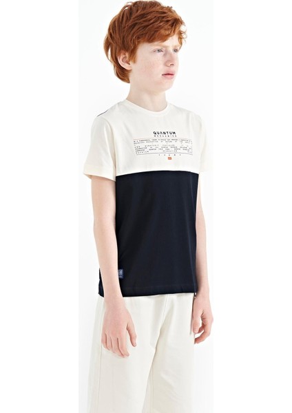 Lacivert Yazı Baskılı Renk Bloklu Standart Kalıp O Yaka Erkek Çocuk T-Shirt - 11134 fırsatları