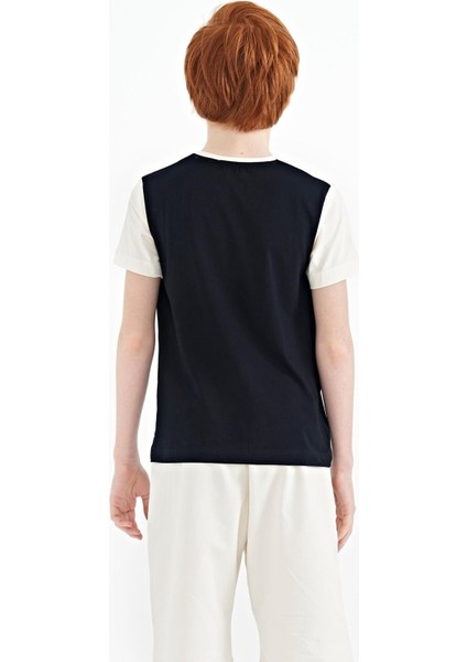 Lacivert Yazı Baskılı Renk Bloklu Standart Kalıp O Yaka Erkek Çocuk T-Shirt - 11134 indirimleri