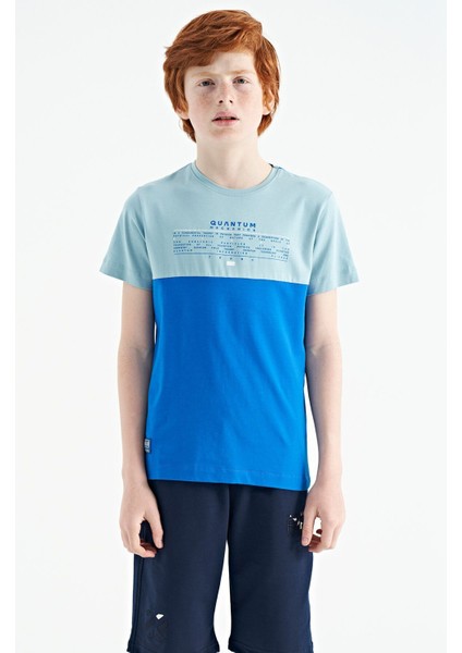 Saks Yazı Baskılı Renk Bloklu Standart Kalıp O Yaka Erkek Çocuk T-Shirt - 11134