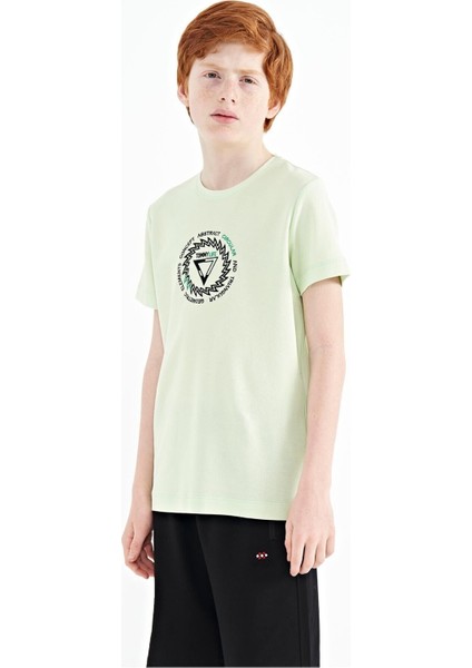 Açık Yeşil Nakış İşleme Detaylı O Yaka Standart Kalıp Erkek Çocuk T-Shirt - 11115