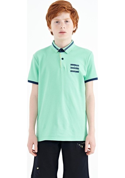 Su Yeşili Yakası Renk Bloklu Baskı Detaylı Standart Kalıp Erkek Çocuk T-Shirt - 11111