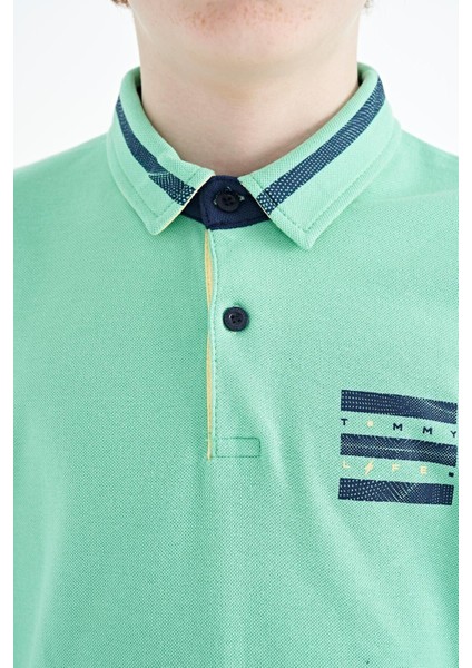 Su Yeşili Yakası Renk Bloklu Baskı Detaylı Standart Kalıp Erkek Çocuk T-Shirt - 11111 modelleri