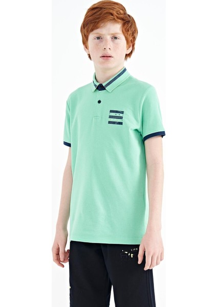 Su Yeşili Yakası Renk Bloklu Baskı Detaylı Standart Kalıp Erkek Çocuk T-Shirt - 11111 indirimleri