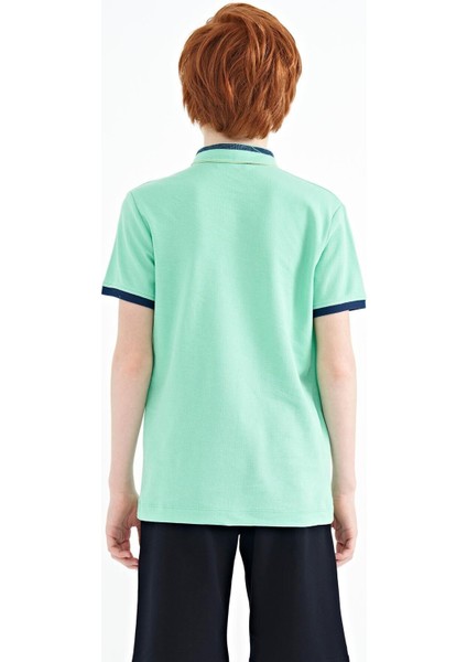 Su Yeşili Yakası Renk Bloklu Baskı Detaylı Standart Kalıp Erkek Çocuk T-Shirt - 11111