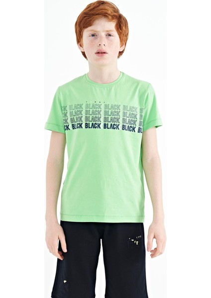 Neon Yeşil Yazı Baskılı O Yaka Standart Kalıp Erkek Çocuk T-Shirt - 11149