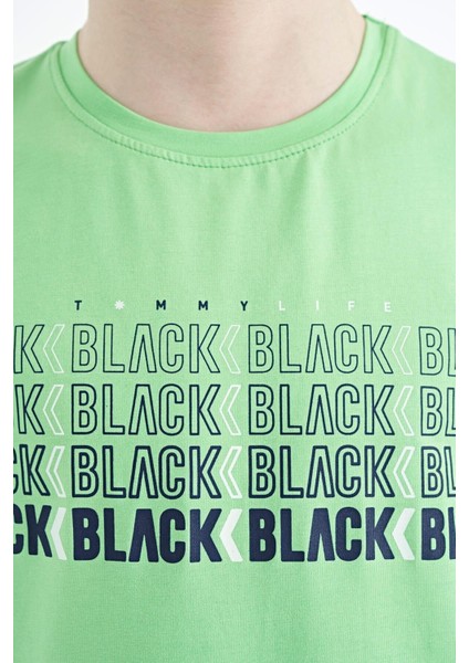 Neon Yeşil Yazı Baskılı O Yaka Standart Kalıp Erkek Çocuk T-Shirt - 11149 fırsatları