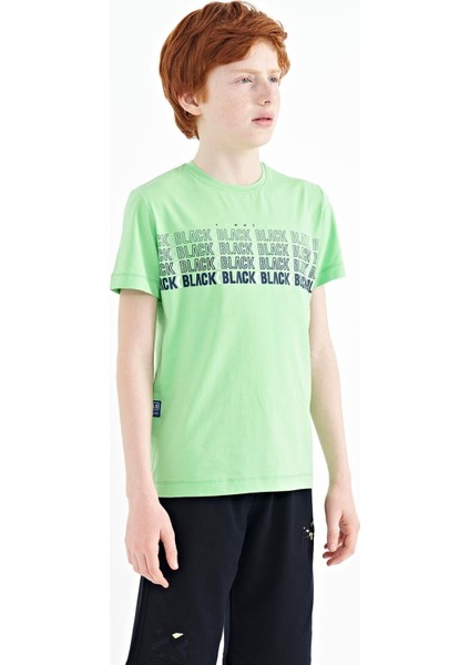 Neon Yeşil Yazı Baskılı O Yaka Standart Kalıp Erkek Çocuk T-Shirt - 11149