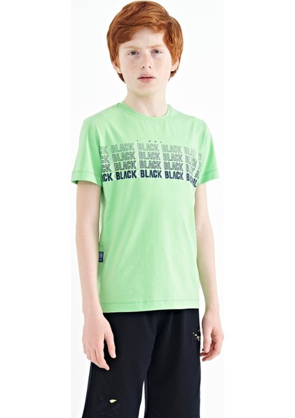 Neon Yeşil Yazı Baskılı O Yaka Standart Kalıp Erkek Çocuk T-Shirt - 11149