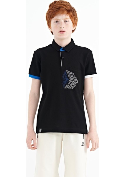 Siyah Ön Cep Detaylı Baskılı Standart Kalıp Polo Yaka Erkek Çocuk T-Shirt - 11102
