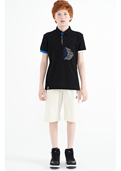 Siyah Ön Cep Detaylı Baskılı Standart Kalıp Polo Yaka Erkek Çocuk T-Shirt - 11102 fiyatları