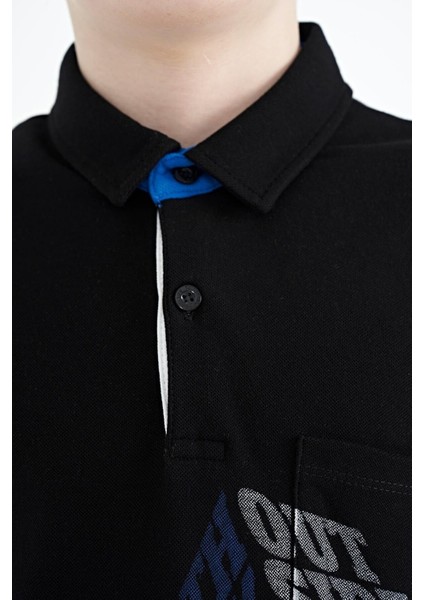 Siyah Ön Cep Detaylı Baskılı Standart Kalıp Polo Yaka Erkek Çocuk T-Shirt - 11102 fırsatları
