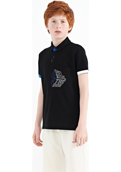 Siyah Ön Cep Detaylı Baskılı Standart Kalıp Polo Yaka Erkek Çocuk T-Shirt - 11102