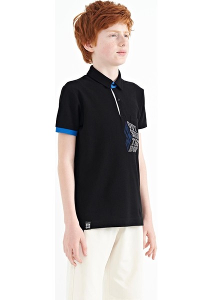 Siyah Ön Cep Detaylı Baskılı Standart Kalıp Polo Yaka Erkek Çocuk T-Shirt - 11102