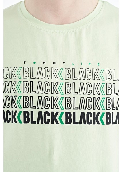 Açık Yeşil Yazı Baskılı O Yaka Standart Kalıp Erkek Çocuk T-Shirt - 11149 modelleri