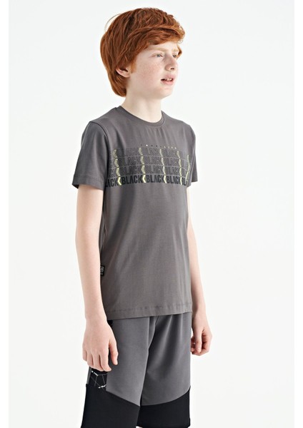 Koyu Gri Yazı Baskılı O Yaka Standart Kalıp Erkek Çocuk T-Shirt - 11149 modelleri