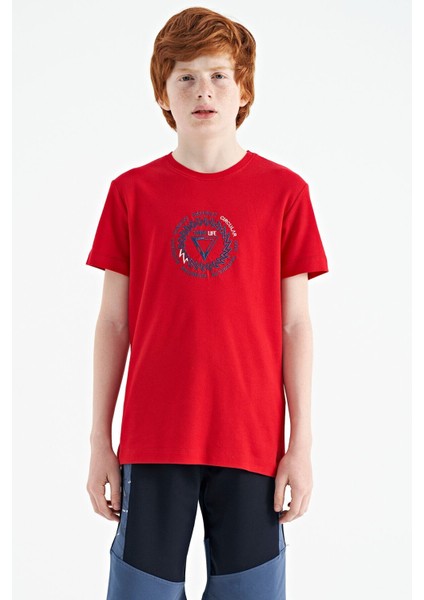 Kırmızı Nakış İşleme Detaylı O Yaka Standart Kalıp Erkek Çocuk T-Shirt - 11115