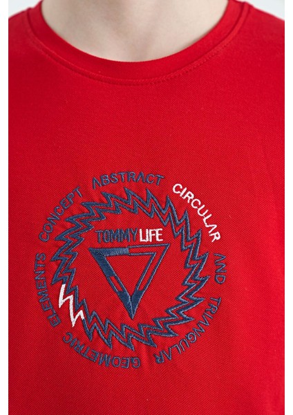 Kırmızı Nakış İşleme Detaylı O Yaka Standart Kalıp Erkek Çocuk T-Shirt - 11115 modelleri