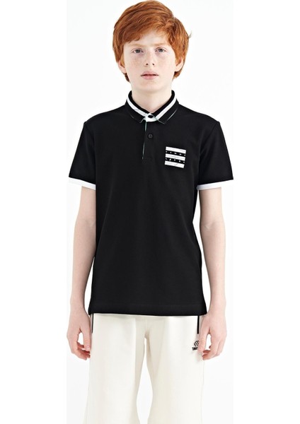 Siyah Yakası Renk Bloklu Baskı Detaylı Standart Kalıp Erkek Çocuk T-Shirt - 11111