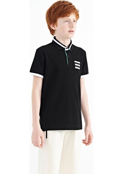 Siyah Yakası Renk Bloklu Baskı Detaylı Standart Kalıp Erkek Çocuk T-Shirt - 11111 indirimleri