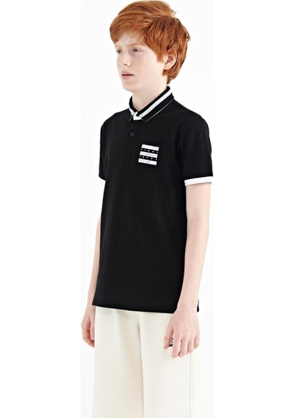 Siyah Yakası Renk Bloklu Baskı Detaylı Standart Kalıp Erkek Çocuk T-Shirt - 11111