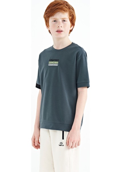 Tommy Life Orman Yeşili Yazı Nakışlı O Yaka Oversize Erkek Çocuk T-Shirt - 11146