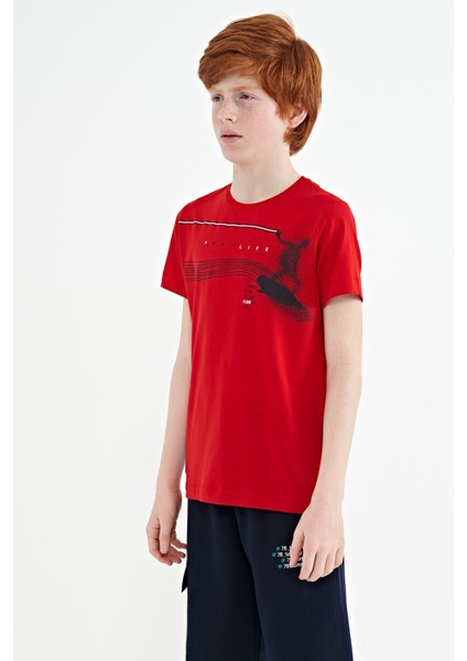 Kırmızı Baskı Detaylı Standart Kalıp O Yaka Erkek Çocuk T-Shirt - 11133