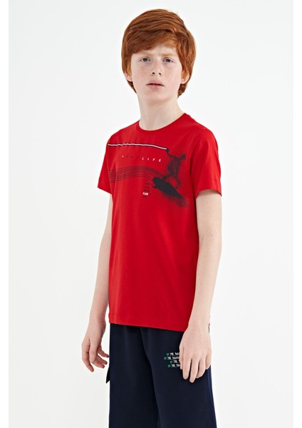 Kırmızı Baskı Detaylı Standart Kalıp O Yaka Erkek Çocuk T-Shirt - 11133