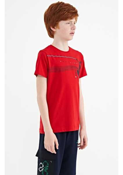 Kırmızı Baskı Detaylı Standart Kalıp O Yaka Erkek Çocuk T-Shirt - 11133