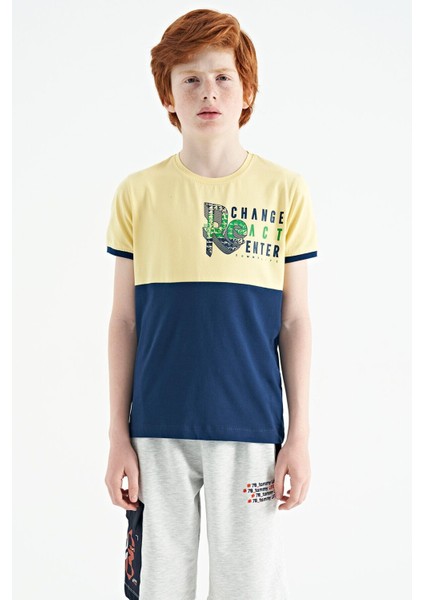 Sarı Baskı Detaylı Renk Bloklu Standart Kalıp O Yaka Erkek Çocuk T-Shirt - 11107