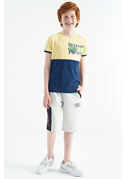 Sarı Baskı Detaylı Renk Bloklu Standart Kalıp O Yaka Erkek Çocuk T-Shirt - 11107