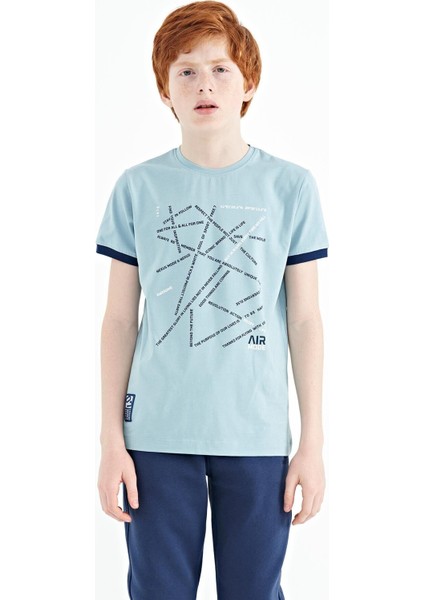 Açık Mavi Minimal Yazı Baskılı Standart Kalıp O Yaka Erkek Çocuk T-Shirt - 11132