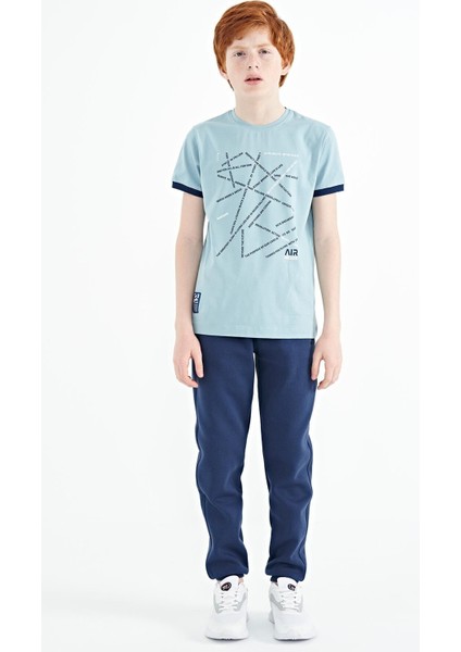 Açık Mavi Minimal Yazı Baskılı Standart Kalıp O Yaka Erkek Çocuk T-Shirt - 11132