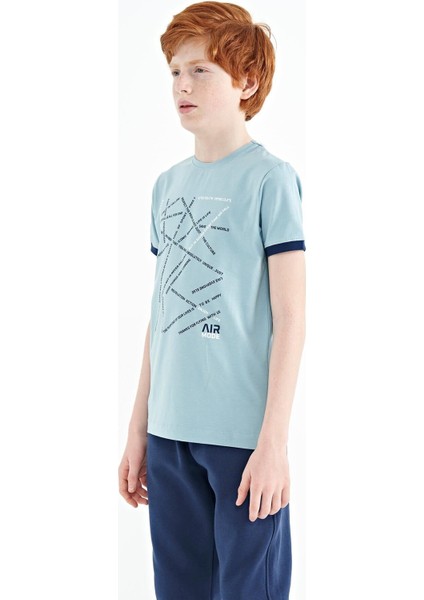 Açık Mavi Minimal Yazı Baskılı Standart Kalıp O Yaka Erkek Çocuk T-Shirt - 11132