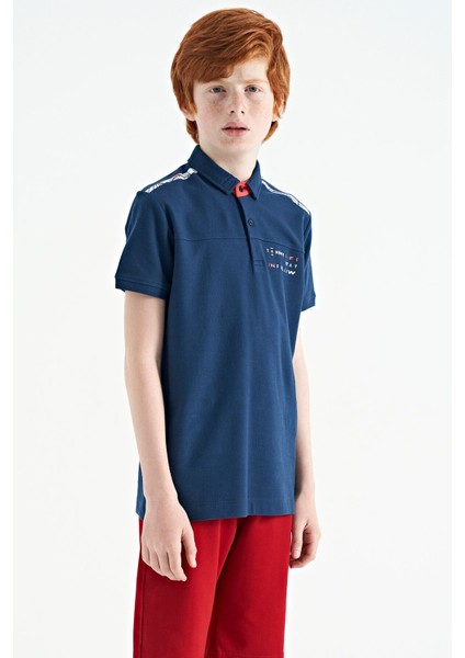 İndigo Baskı Detaylı Standart Kalıp Polo Yaka Erkek Çocuk T-Shirt - 11140