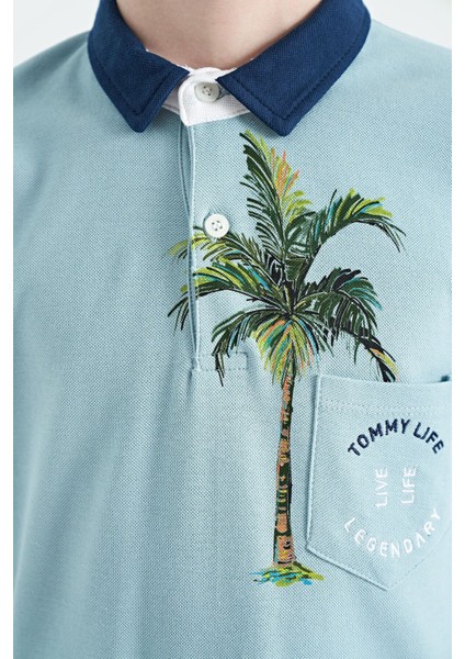 Açık Mavi Baskılı Cep Detaylı Standart Kalıp Polo Yaka Erkek Çocuk T-Shirt - 11144 modelleri